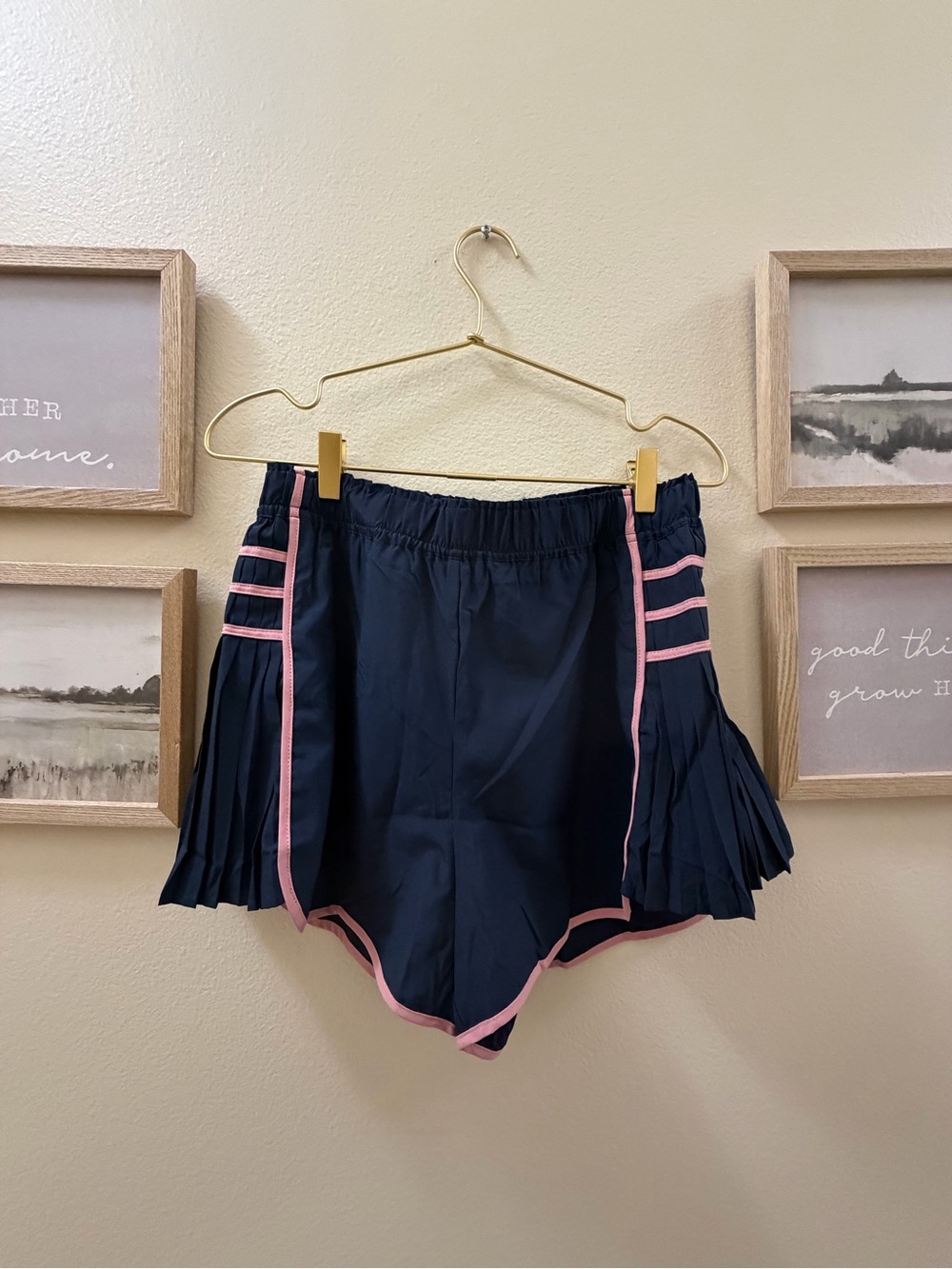 Navy Pleated Women’s Athletic Shorts with Pink Trim